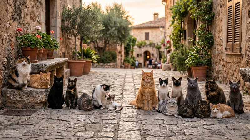 Un grupo de siete gatos alineados a un lado de la escena y otro grupo mayor de nueve gatos al otro lado, todos de pelaje