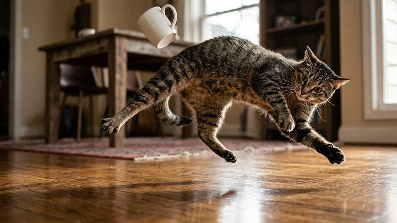 Un gato ágil esquivando en el último instante un objeto que cae, con el cuerpo arqueado y las patas en tensión mientras