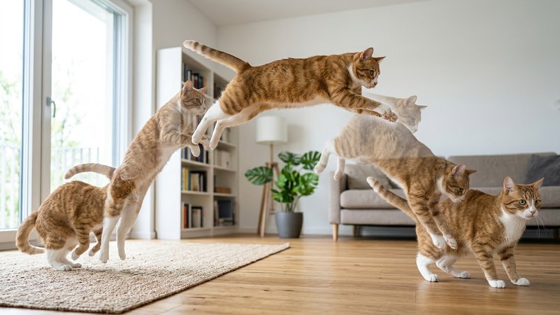 Un gato en pleno salto captado como una secuencia de varias poses superpuestas y translúcidas que muestran el arco compl
