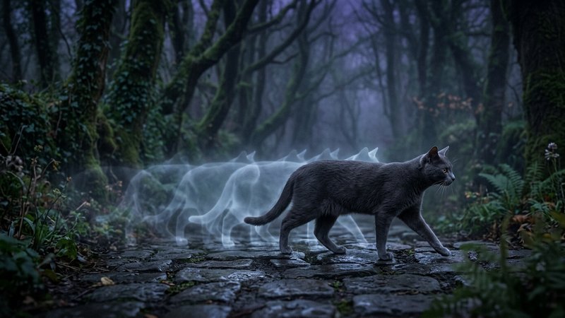 Un gato elegante caminando de perfil mientras varias siluetas fantasmales y azuladas de sí mismo se desvanecen suavement
