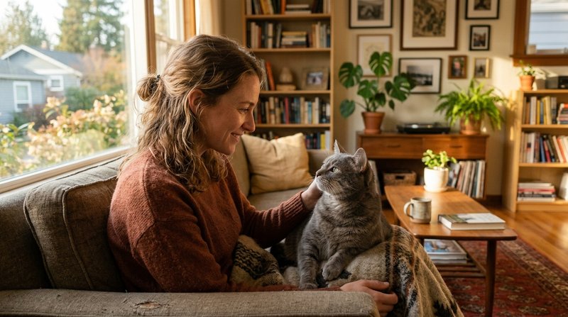 Una persona sentada observando con atención y cariño a su gato gris en el salón, gesto sereno y atento, luz dorada de ta