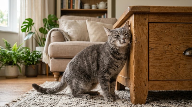 Un gato gris frotando la mejilla y el flanco contra la esquina de un mueble de madera en el salón, marcando su territori