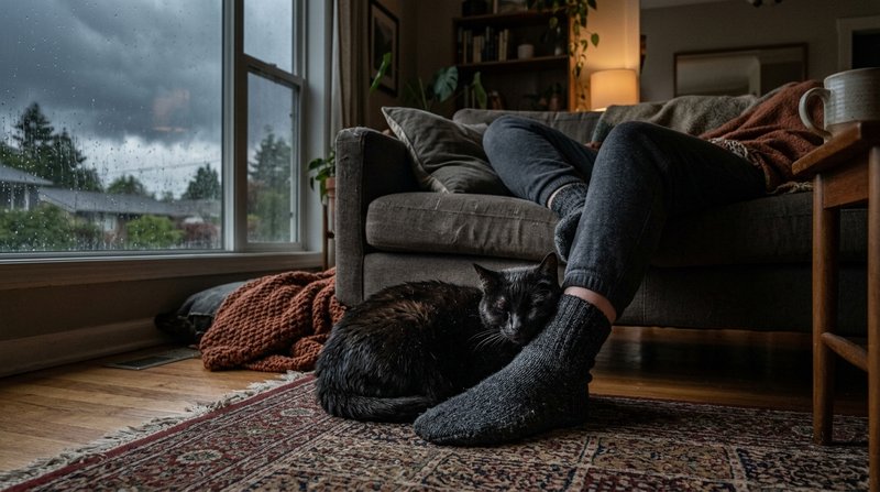 Un gato negro pegado a los pies de una persona sentada en el sofá, buscando seguridad, con luz tenue de tormenta entrand