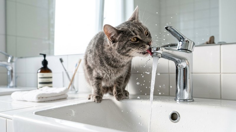 Un gato gris bebiendo agua directamente del grifo de un lavabo, con pequeñas gotas de agua en movimiento, luz nítida de