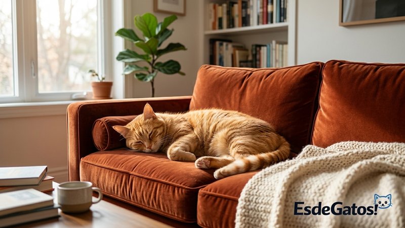 Un gato relajado tumbado a sus anchas sobre un sofá mullido en un salón luminoso y cálido, solo en casa pero tranquilo y