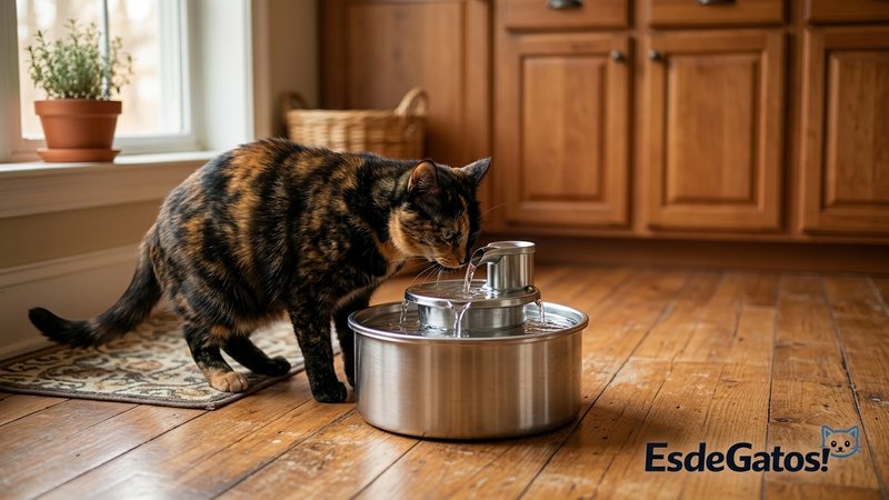 Un gato bebiendo agua de una fuente para gatos de acero inoxidable colocada en el suelo de una cocina cálida y hogareña,