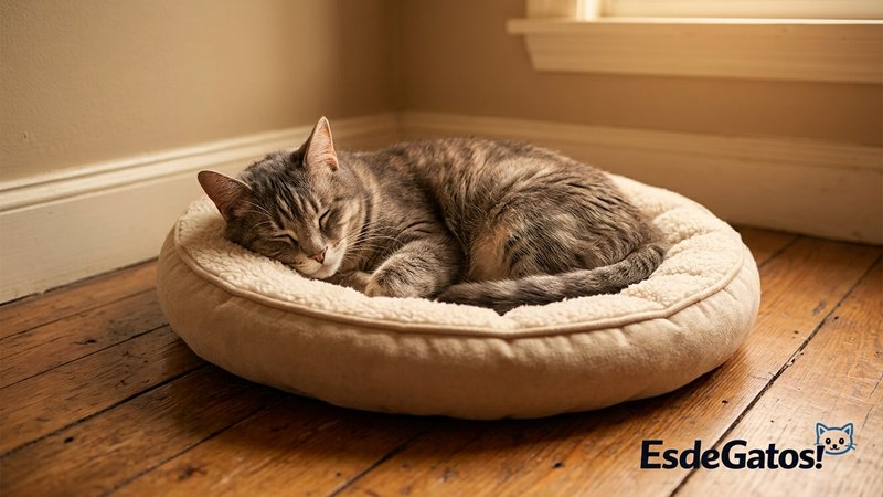 Un gato anciano de pelaje sereno descansando cómodamente sobre una cama acolchada para gatos en un rincón cálido del hog