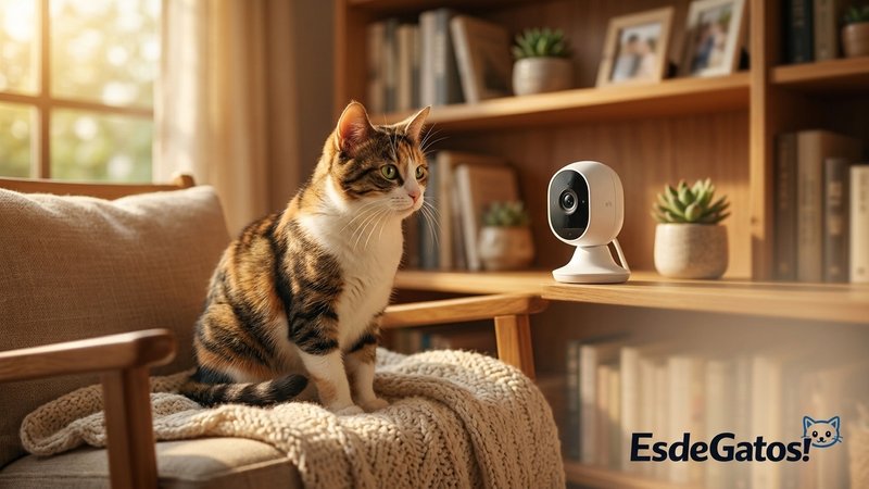 Un gato sentado tranquilo en un salón cálido frente a una pequeña cámara de vigilancia wifi colocada sobre una estanterí