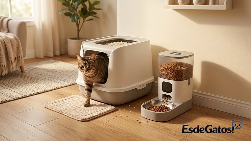 Un gato saliendo de un arenero limpio junto a un comedero automático dispensando pienso en un rincón ordenado y cálido d