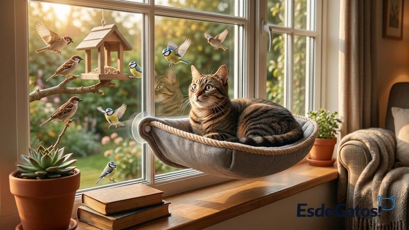 Un gato acomodado en una hamaca de ventana observando entretenido a los pájaros del otro lado del cristal, la luz cálida