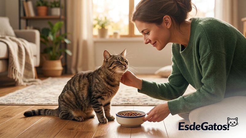 Una persona cuidadora agachada acariciando con cariño a un gato mientras le sirve la comida durante una visita a un hoga