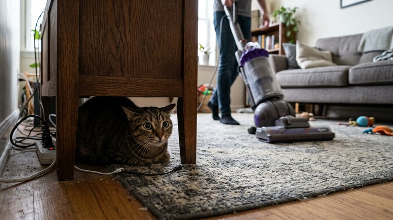 Un gato asustado escondido bajo un mueble mientras una aspiradora funciona cerca en un salón, con las orejas aplastadas