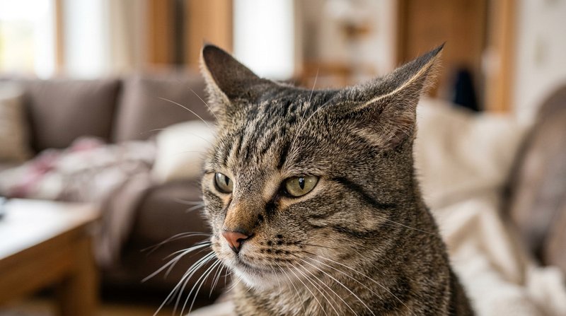 Un primer plano de la cabeza de un gato con las dos orejas giradas de forma independiente hacia atrás y a los lados, com