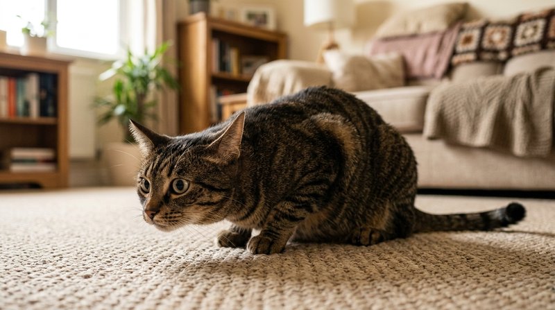 Un gato en plena postura de acecho sobre el suelo de un salón, agazapado con las orejas hacia el frente, la cabeza baja