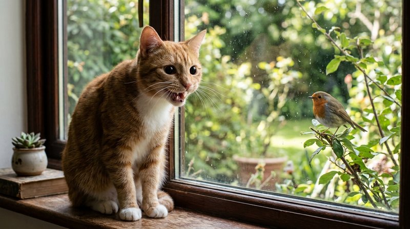 Un gato sentado frente a una ventana observando a un pájaro posado al otro lado del cristal, con la boca entreabierta en