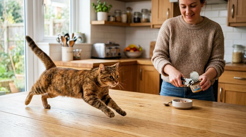 Un gato entrando a la carrera en una cocina luminosa hacia una persona que abre una lata de comida, con expresión ansios