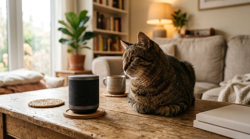 Un gato relajado y con la cabeza ligeramente inclinada escuchando con atención junto a un pequeño altavoz sobre una mesa