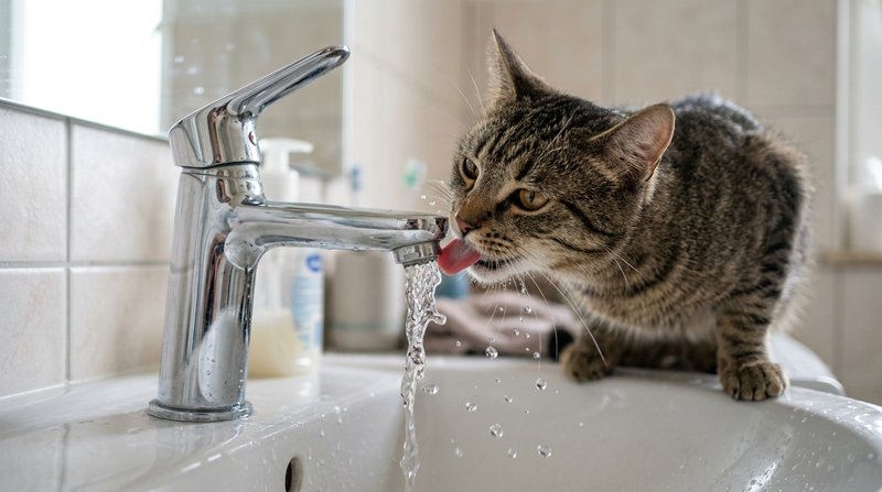 Un gato bebiendo del chorro de agua de un grifo abierto en el borde de un lavabo, lamiendo el agua en movimiento con la