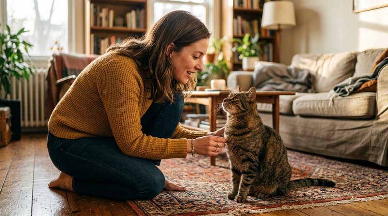 Una persona agachada hablando con cariño a su gato, que la mira hacia arriba con las orejas atentas y expresión de confi