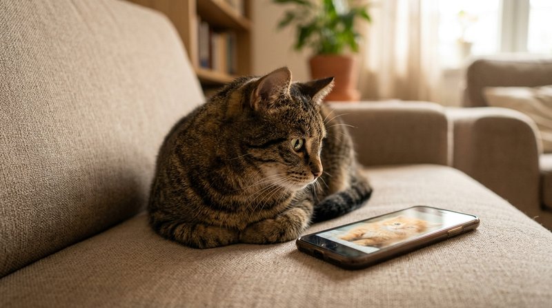 Un gato mirando fijamente la pantalla de un teléfono móvil que muestra a otro gato, con la cabeza girada de golpe y las