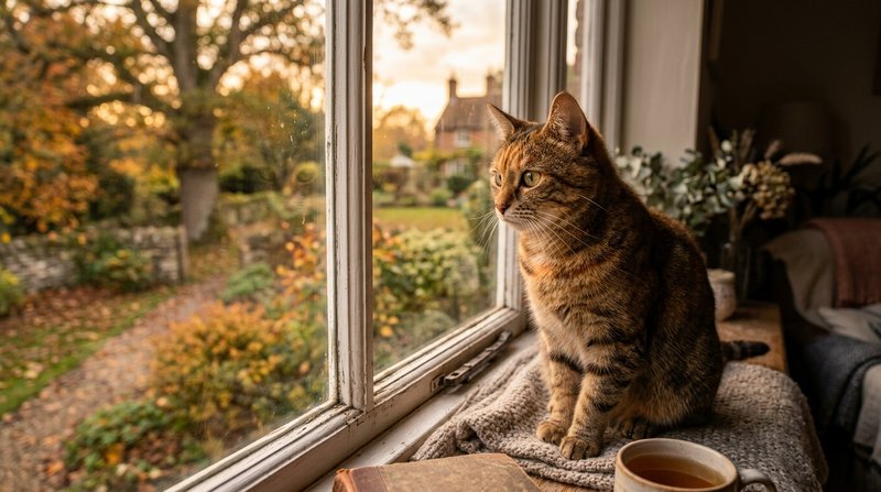 Un gato tranquilo asomado a la ventana de una casa cálida observando el exterior mientras está solo en el hogar, luz dor