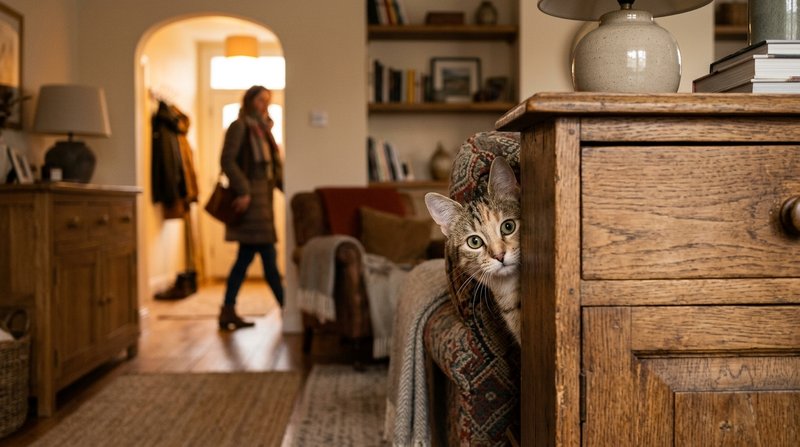Un gato asomándose con timidez desde detrás de un mueble mientras al fondo se intuye la entrada de una visita, en un sal