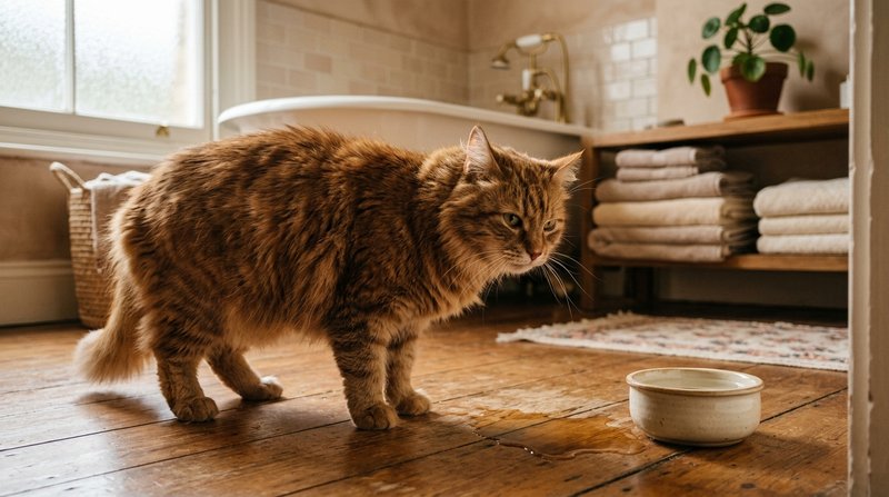 Un gato de pelaje denso que mira con recelo hacia un pequeño charco o cuenco de agua manteniendo la distancia, en un bañ