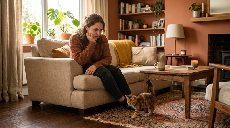 Una persona joven sentada en el sofa mirando con ternura y algo de duda a un gatito atigrado que explora la sala, en un