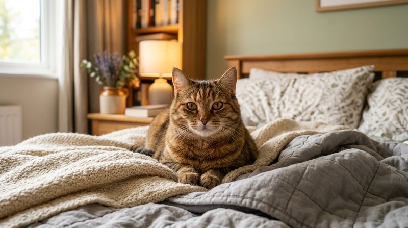 Un gato adulto tranquilo dentro de un espacio de acogida acogedor con cama y mantas, mirando a la camara con calma y esp