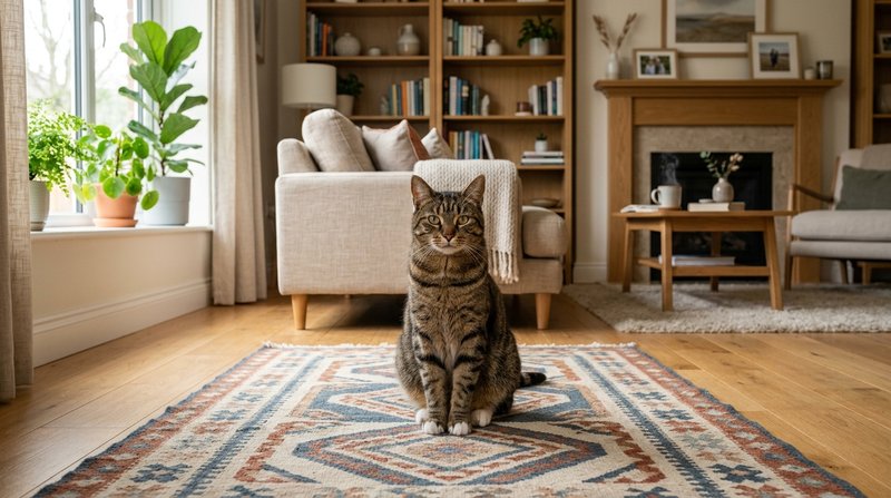 Un gato atigrado adulto de porte sereno y mirada segura sentado sobre una alfombra en el centro de un salon acogedor, lu