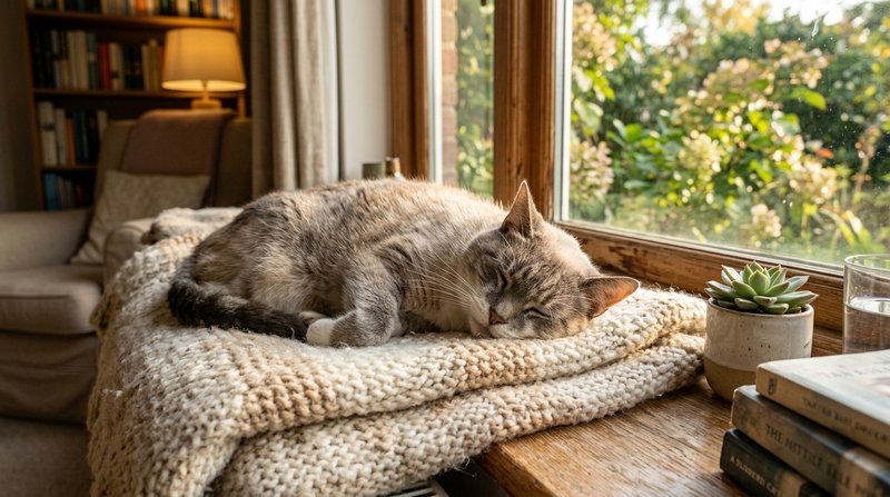 Un gato adulto mayor de pelaje sereno descansando placidamente en una manta junto a una ventana soleada, luz dorada y ca