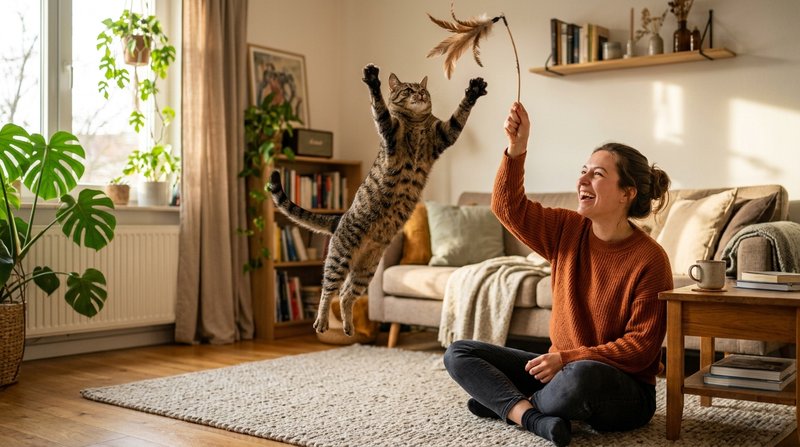Una persona jugando con su gato usando una caña con plumas en el salon, el gato saltando con las patas en el aire y acti