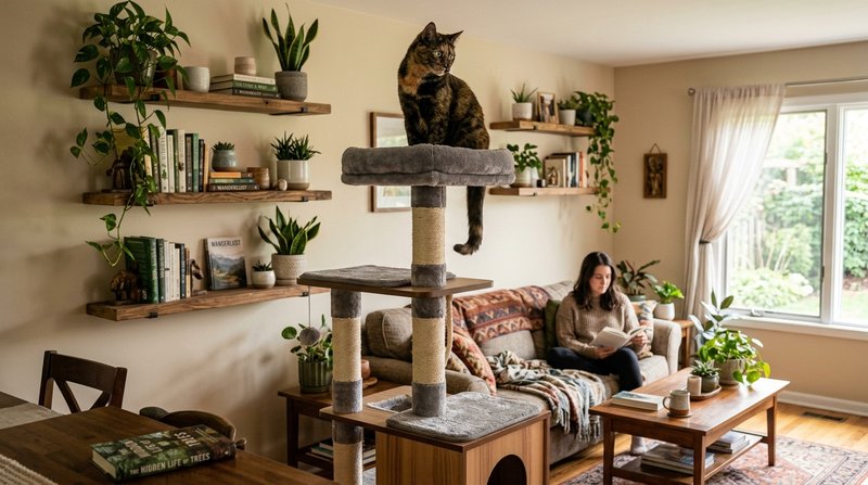 Un gato encaramado en lo alto de un rascador de varios niveles junto a estantes de pared, observando la sala desde las a