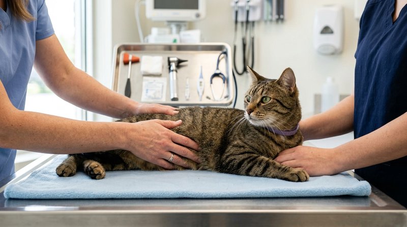 Un gato siendo revisado con delicadeza por unas manos sobre una mesa de consulta veterinaria luminosa, con instrumental