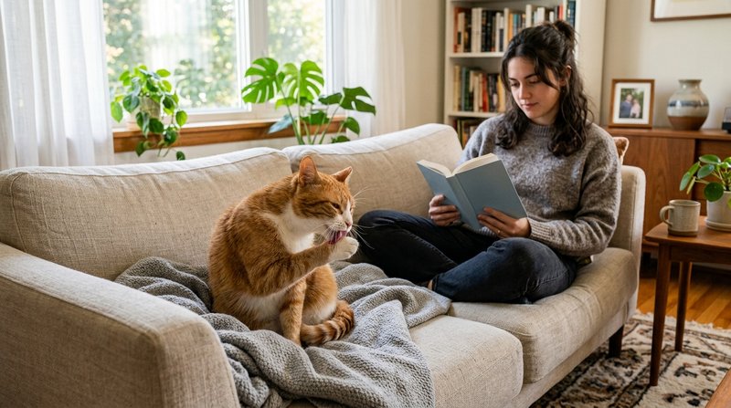 Un gato acicalandose con la lengua sobre un sofa claro, junto a una persona sentada cerca en un salon luminoso, luz suav