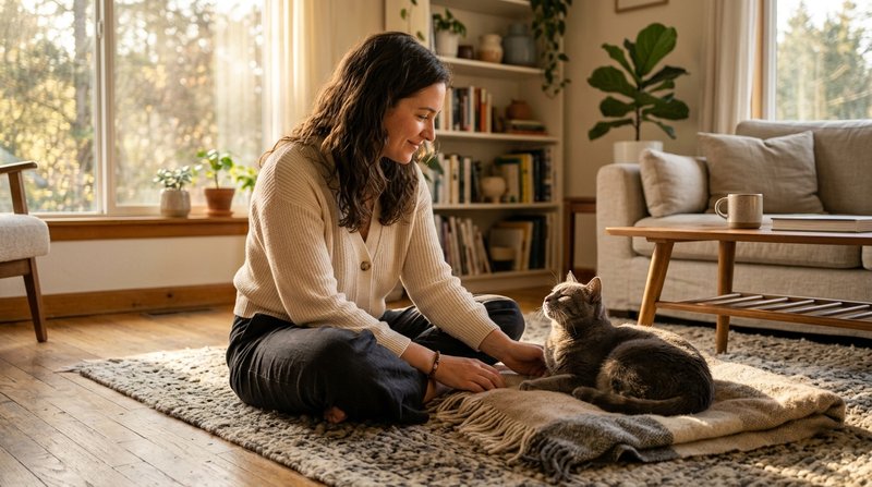 Una persona sentada en el suelo mirando con calma a un gato gris que entorna los ojos en gesto relajado, en un salon aco