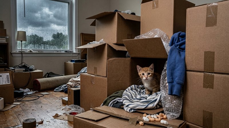 Un gatito asustadizo escondido entre cajas de mudanza a medio abrir en una habitacion desordenada y en plena tormenta do