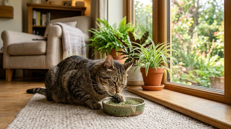 Un gato atigrado disfrutando de una pequeña bandeja de hierba verde para gatos junto a una ventana luminosa de un salón