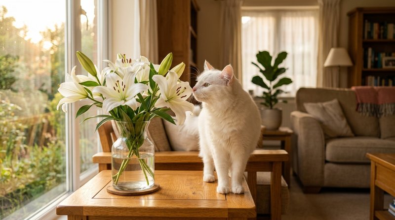 Un gato blanco olfateando con delicadeza unos lirios blancos recién colocados en un jarrón de cristal en un salón lumino