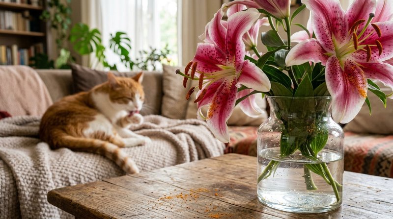 Un primer plano de flores de lirio con abundante polen anaranjado junto a un jarrón con agua sobre una mesa, con un gato