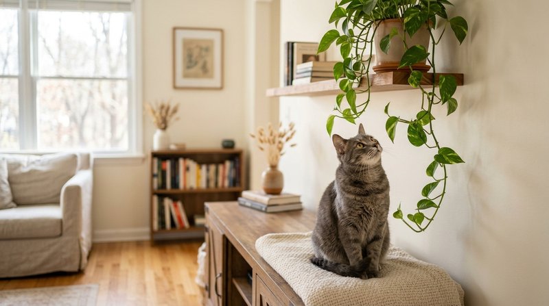 Un gato gris mirando hacia una planta colgante de potos de hojas verdes en una estantería de un salón luminoso, luz natu