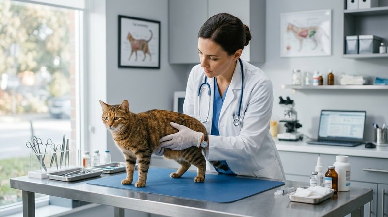 Un veterinario con bata examinando con cuidado a un gato atigrado sobre una camilla en una clínica luminosa y limpia, in