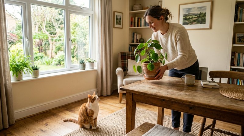 Una persona retirando una maceta con una planta de la mesa mientras un gato curioso la observa desde el suelo de un saló