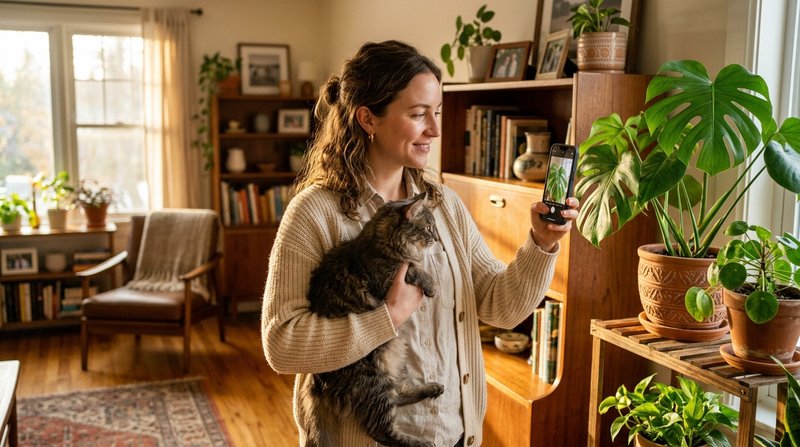 Una mujer tomando una foto con el móvil a una planta de interior mientras sostiene con cuidado a su gato en brazos en un
