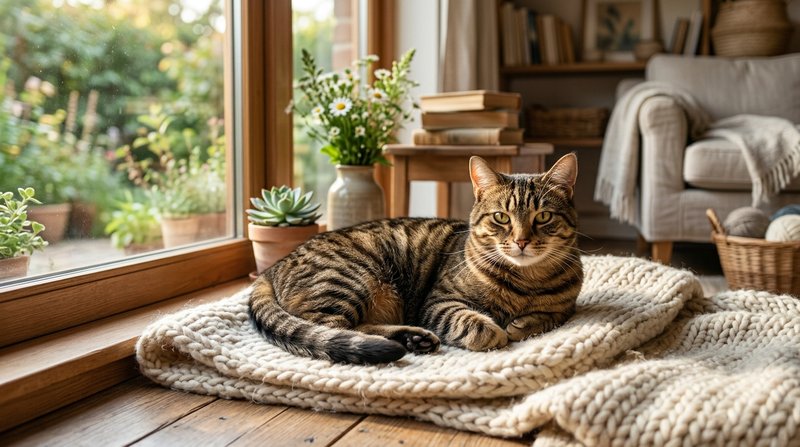Un gato sano y sereno descansando en un salon hogareño luminoso, con el pelaje brillante y la mirada tranquila, luz natu