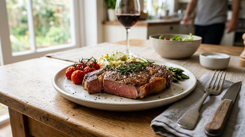 Un filete de carne bien cocinado y dorado servido en un plato limpio sobre una mesa de cocina luminosa, aspecto apetitos