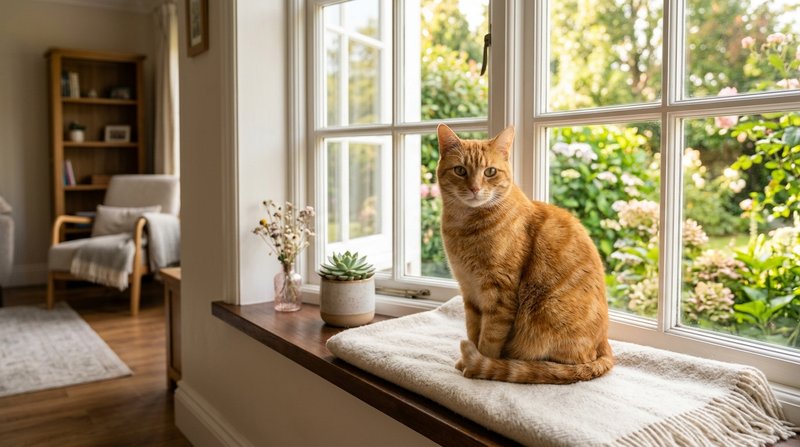 Un gato adulto sentado con calma junto a una ventana soleada de un hogar, expresion serena y saludable, luz natural cáli