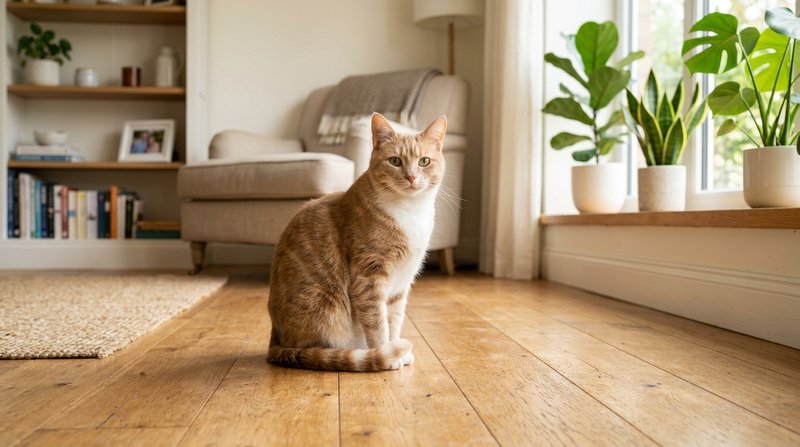 Un gato tranquilo sentado sobre el suelo de madera de una sala luminosa y ordenada, con actitud relajada, luz natural su