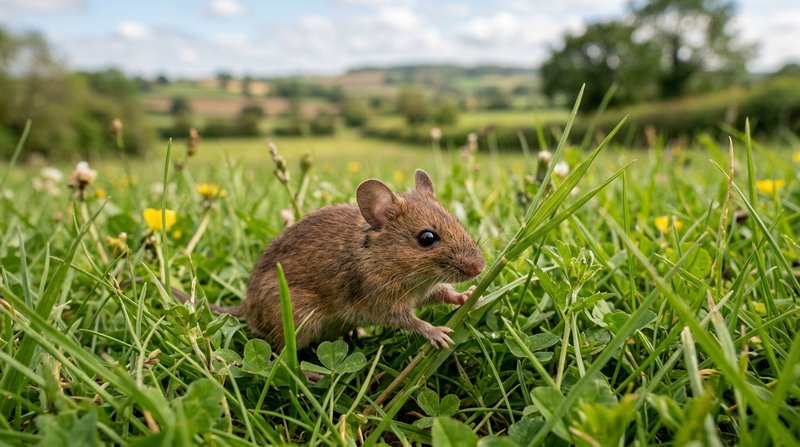 Un pequeño raton de campo de pelaje marron entre la hierba verde de un prado a la luz del dia, aspecto natural y sereno,