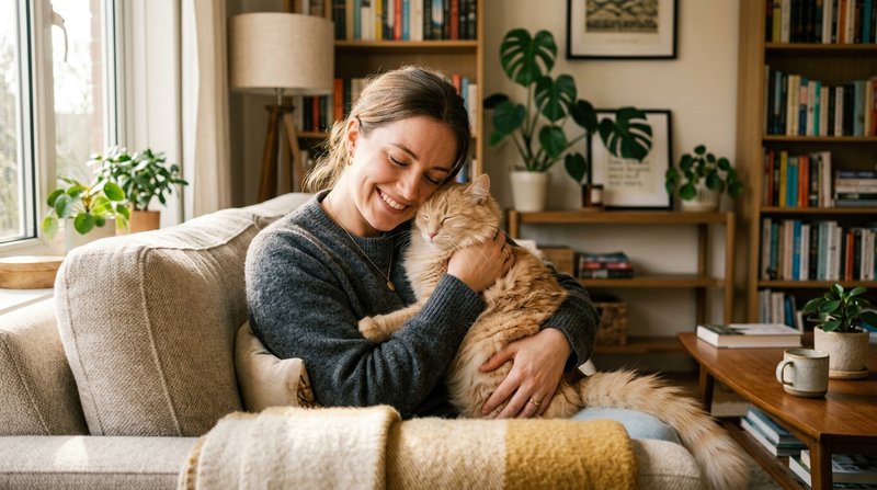 Una persona abrazando con cariño a su gato en un salon acogedor, ambos relajados y a gusto, luz natural cálida de tarde,